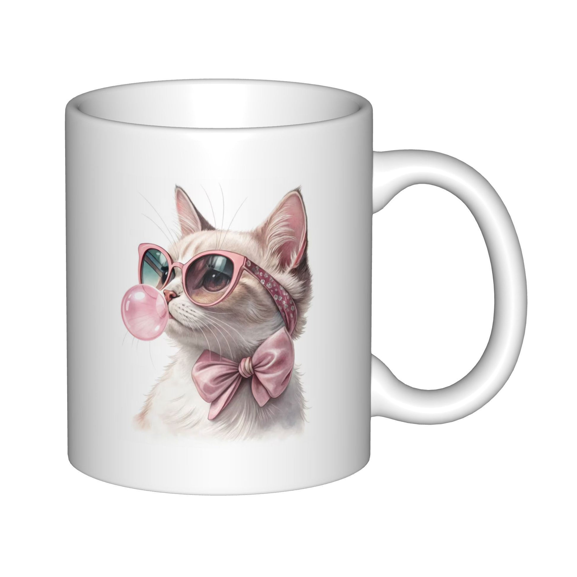 Tailorly White Ceramic 11 oz Mug - Charming White Feline Wearing Pink Sunglasses And A Bow Blowing Gum Cat