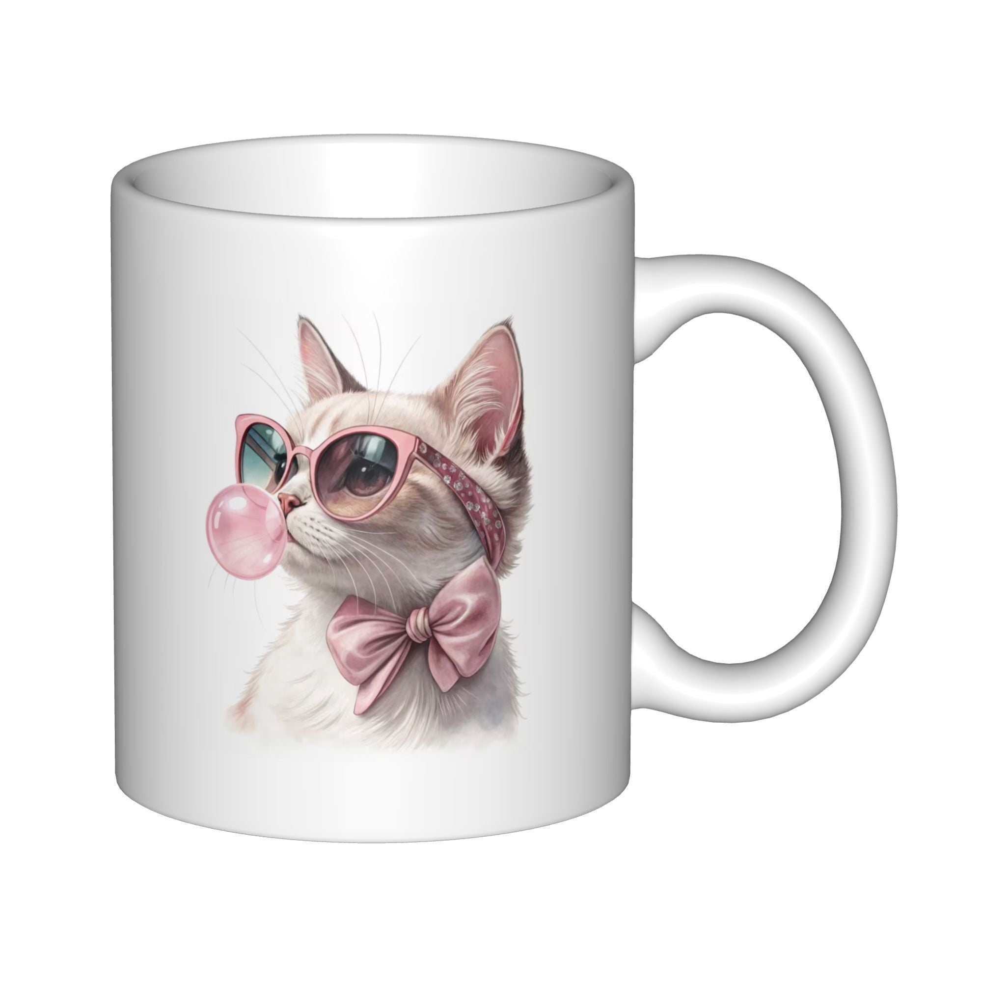 Tailorly White Ceramic 11 oz Mug - Charming White Feline Wearing Pink Sunglasses And A Bow Blowing Gum Cat