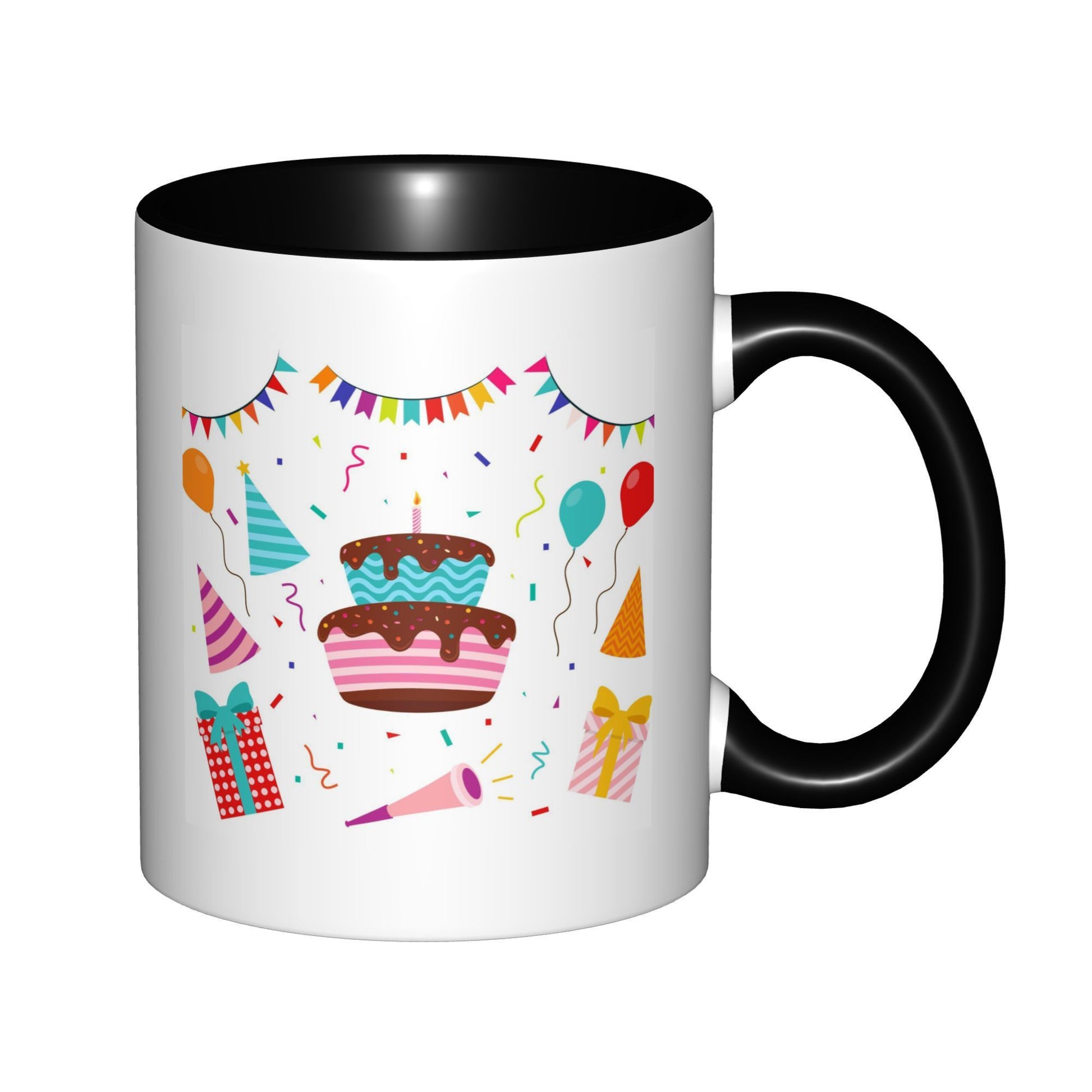Tailorly Black Accent 11 oz Mug - two tier cake with colorful bunting gift boxes balloons