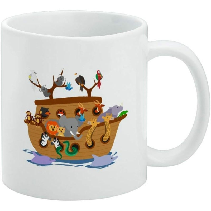 Tailorly White Ceramic 11 oz Mug - Cartoon Animals On A Wooden Boat Sailing On Blue Water Ark