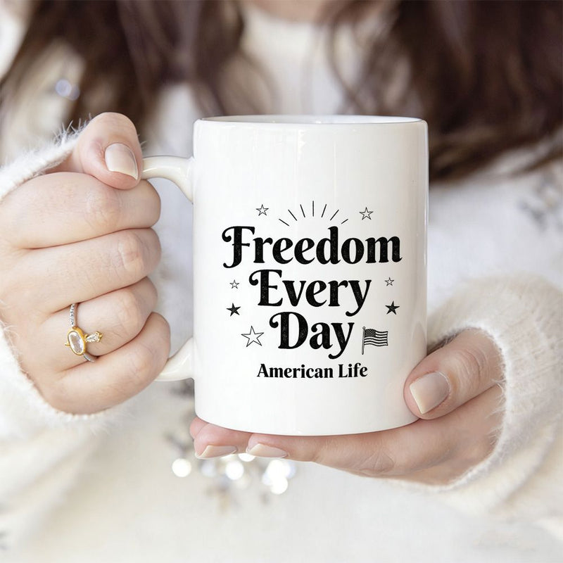 Tailorly White Ceramic 11 oz Mug - Freedom Every Day American Life Classic White Ceramic Patriotic Theme With Stars And Small Flag Mug