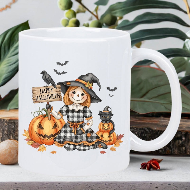 Tailorly White Ceramic 11 oz Mug - Happy Halloween Charming Plaid Dress Girl Among Carved Jack O Lanterns And Bats Witch