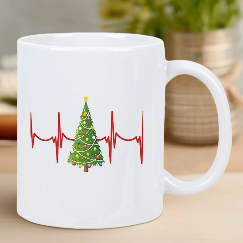 Tailorly White Ceramic 11 oz Mug - Festive Red Heartbeat Line Pulse Featuring A Brightly Decorated Holiday Christmas Tree