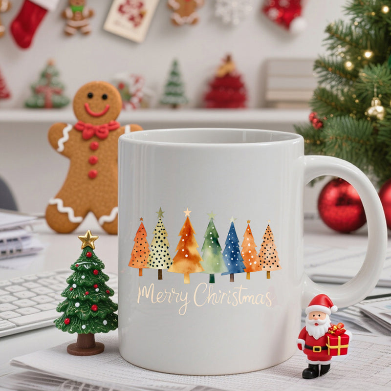 Tailorly White Ceramic 11 oz Mug - Merry Christmas Vibrant Watercolor Style Patterns Arranged In A Row Festive Decorative Tree