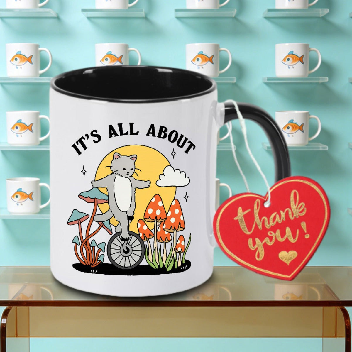 Tailorly Black Accent 11 oz Mug - Whimsical cat riding a bike through a mushroom forest