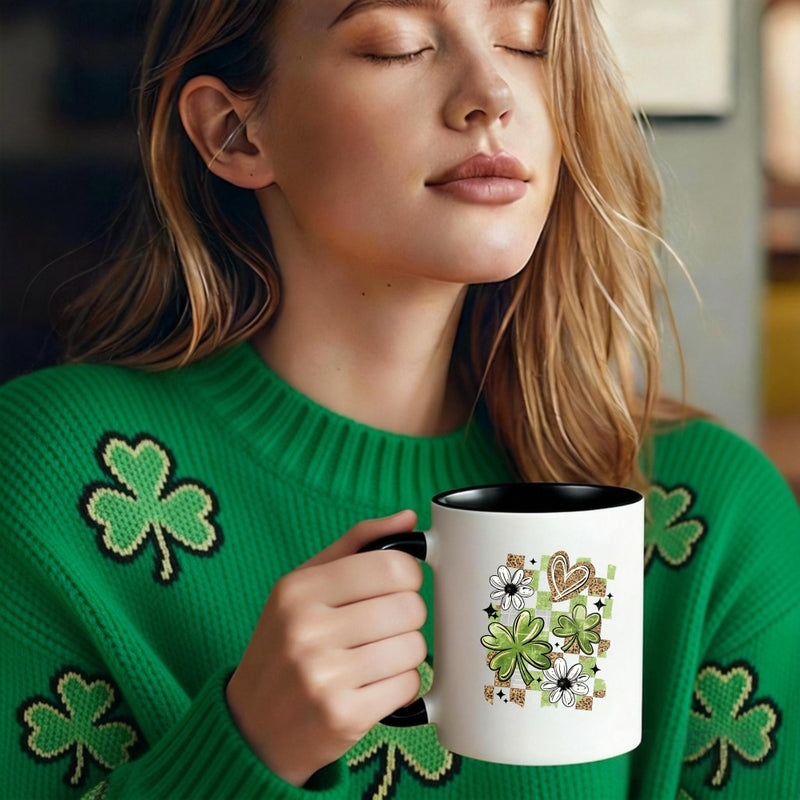 Tailorly Black Accent 11 oz Mug - clover heart flower pattern