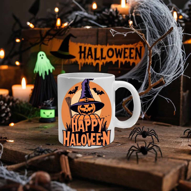 Tailorly White Ceramic 11 oz Mug - Happy Halloween Spooky Pumpkin Wearing Witch Hat Among Flying Bats Under Full Moon Jack O Lantern