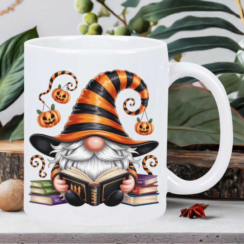 Tailorly White Ceramic 11 oz Mug - Festive Halloween Theme Striped Hat Reading Books Surrounded By Tiny Pumpkins Gnome