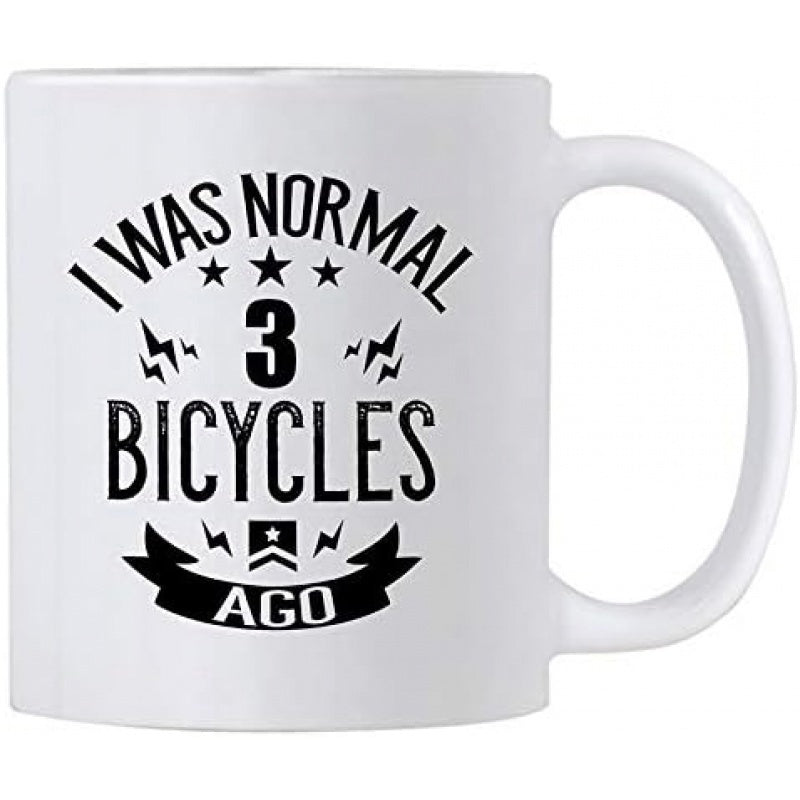 Tailorly White Ceramic 11 oz Mug - I Was Normal 3 Bicycles Ago Vintage Minimalist Style Graphic With Stars And Lightning Bolts Around Typography Bicycle
