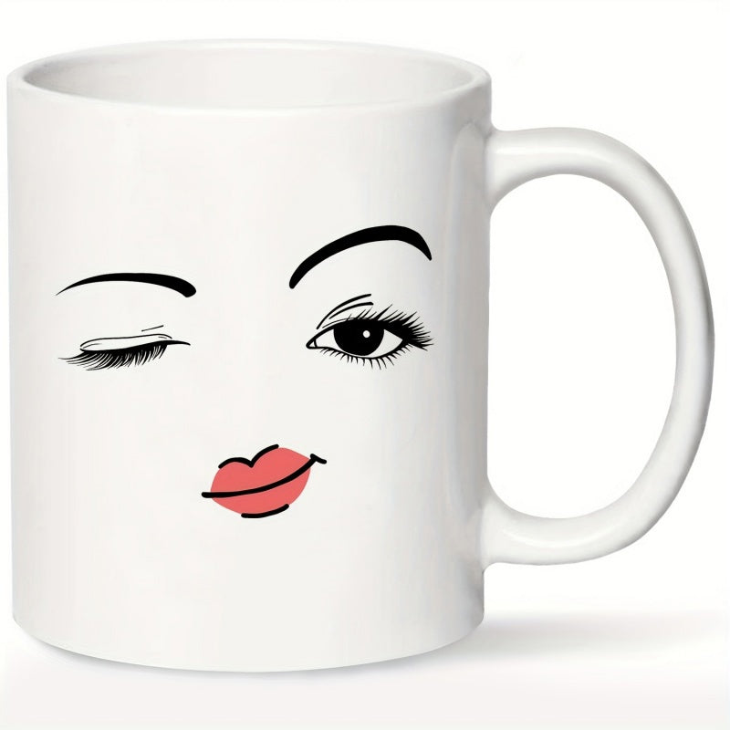 Tailorly White Ceramic 11 oz Mug - Minimalist Line Art Winking Eye With Long Eyelashes And Red Lips Face