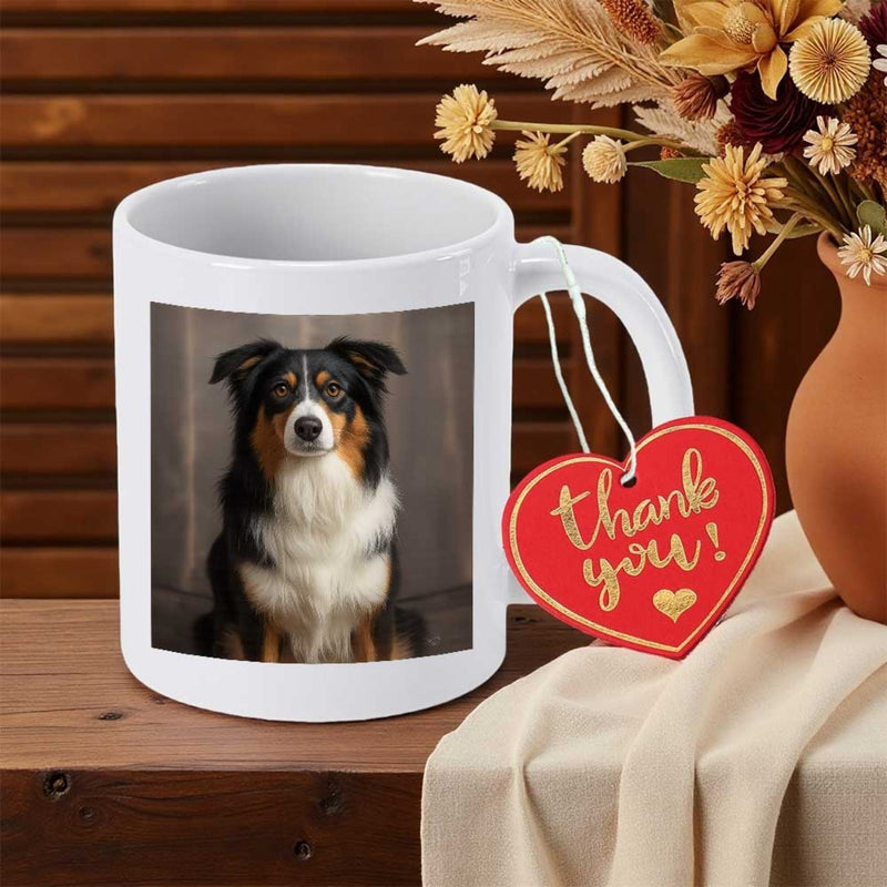 Tailorly White Ceramic 11 oz Mug - Thank You Beautiful Tri Color Dog Sitting Calmly In Studio Setting Australian Shepherd