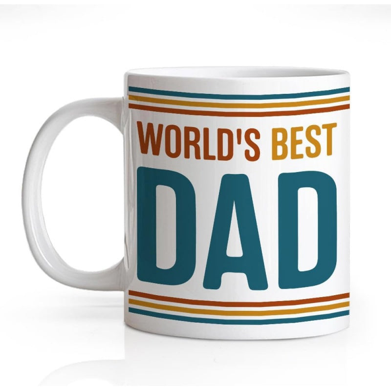 Tailorly White Ceramic 11 oz Mug - World's Best Dad Retro Style Colorful Horizontal Stripes Featuring Bold Block Typography Mug