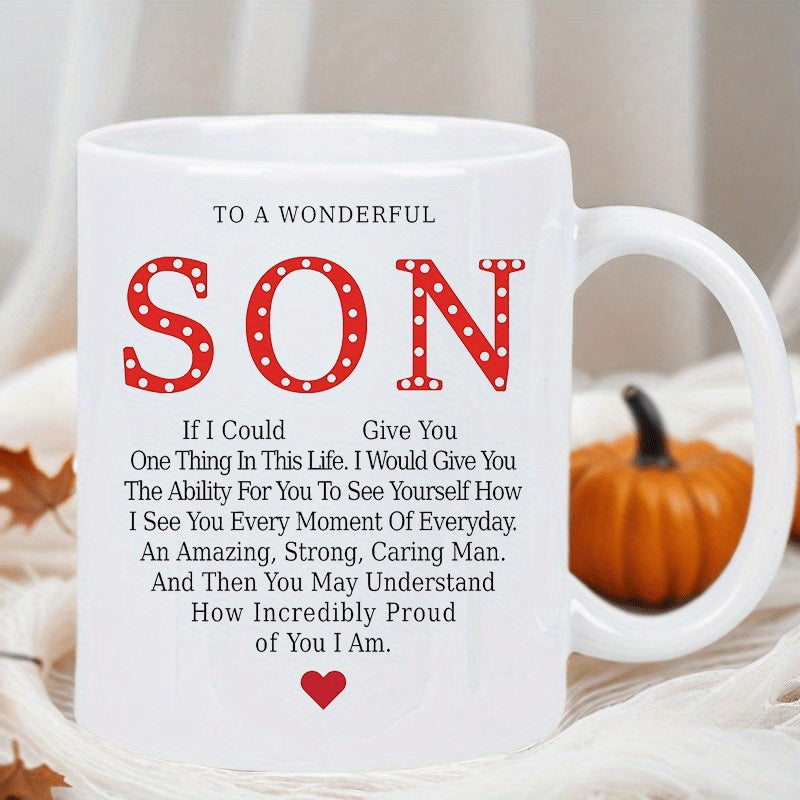 Tailorly White Ceramic 11 oz Mug - To A Wonderful Son Elegant Minimalist Ceramic Vessel Decorated With Small Red Heart Graphics Mug