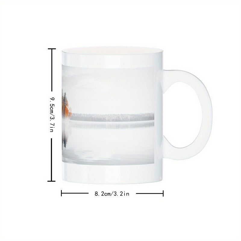 Tailorly White Ceramic 11 oz Mug - Minimalist Misty Mountains Reflecting Over Calm Quiet Water Surface Landscape