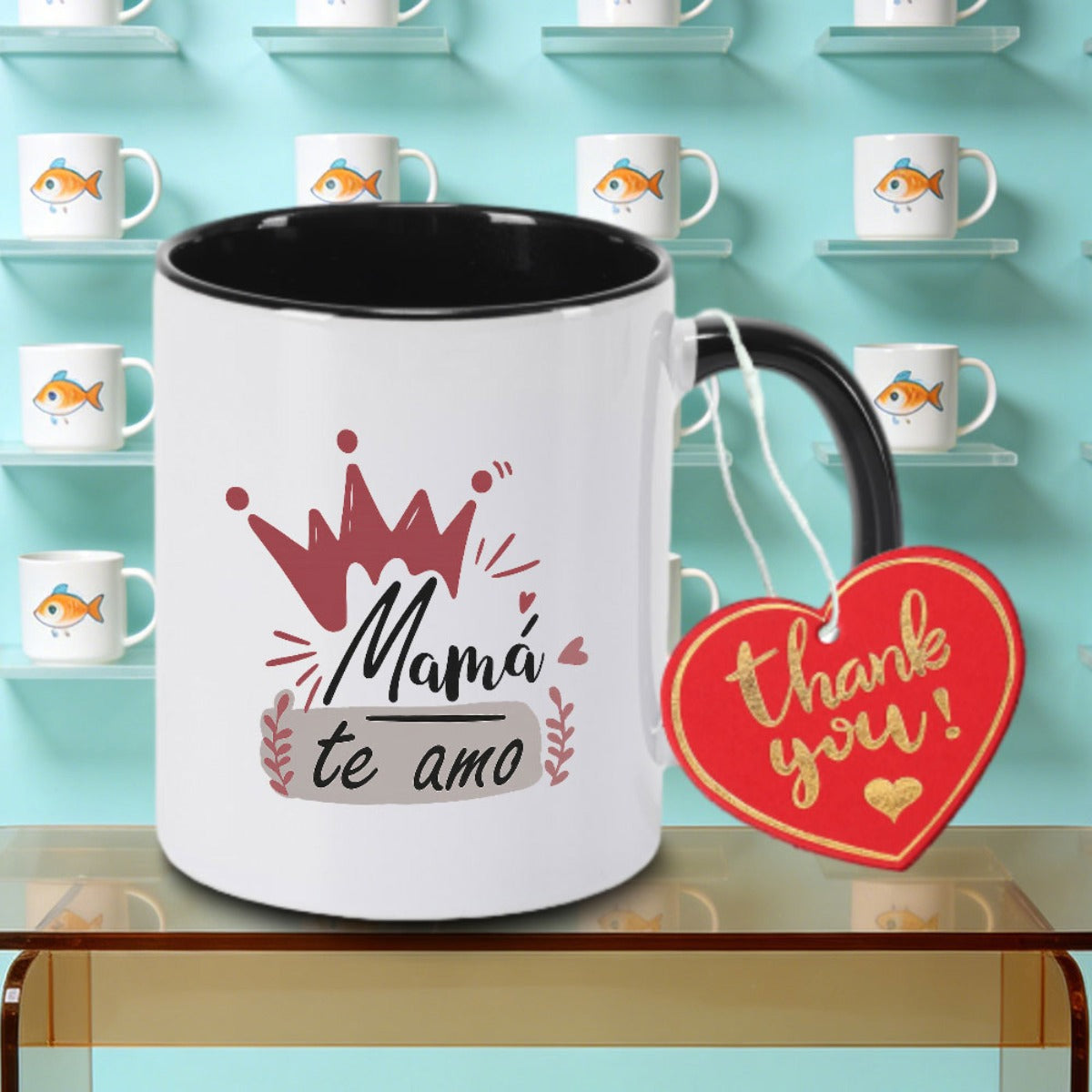 Tailorly Black Accent 11 oz Mug - Mom I Love You message with pink hearts