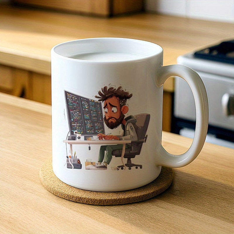 Tailorly White Ceramic 11 oz Mug - Tired Cartoon Man Sitting At Desk Focusing On Computer Screen Programmer
