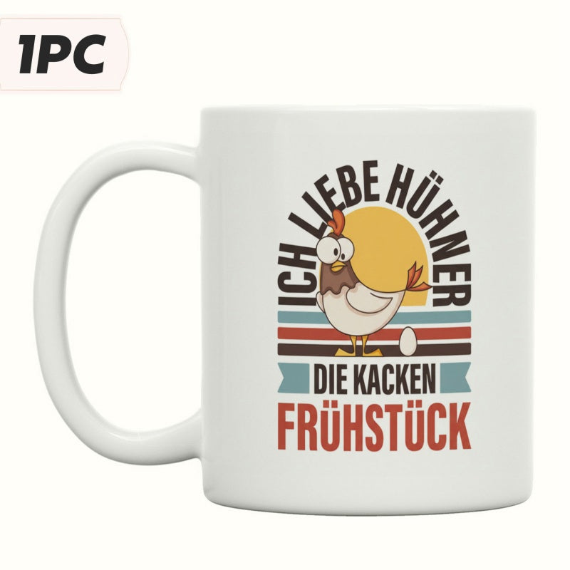 Tailorly White Ceramic 11 oz Mug - Funny Cartoon Style Standing In Front Of Retro Sunset Vintage Chicken