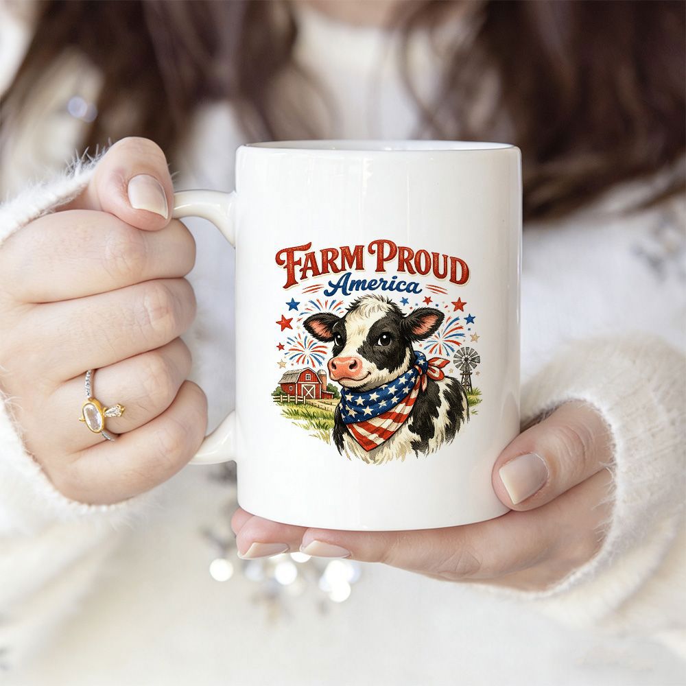 Tailorly White Ceramic 11 oz Mug - Farm Proud America Patriotic Holstein Wearing American Flag Bandana Among Rural Farm Landscape Cow