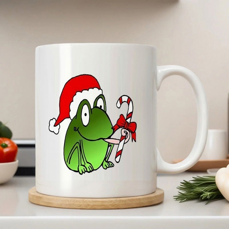 Tailorly White Ceramic 11 oz Mug - Cartoon Green Frog Wearing Red Santa Hat Holding Striped Candy Cane Frog