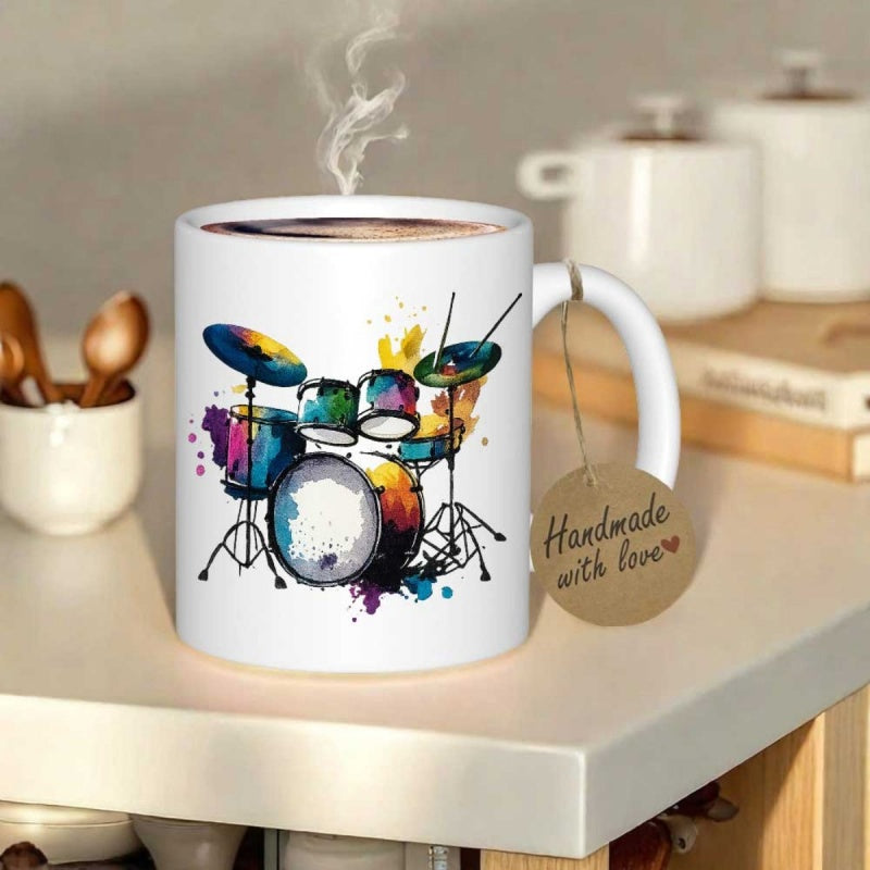 Tailorly White Ceramic 11 oz Mug - Handmade With Love Artistic Watercolor Splatter Background Featuring A Musical Percussion Instrument Set Drum Kit