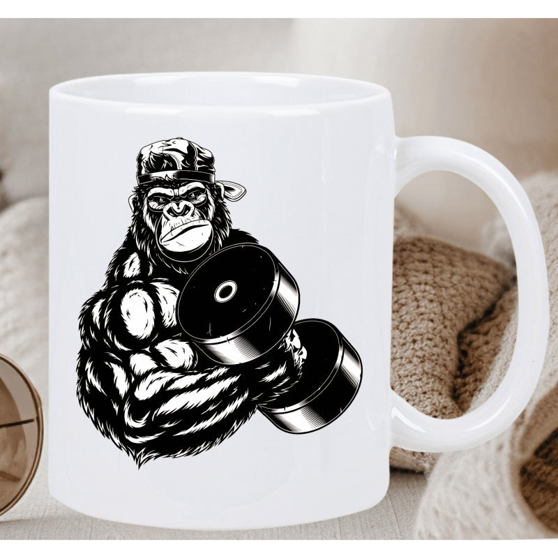 Tailorly White Ceramic 11 oz Mug - Powerful Muscular Primate Lifting Heavy Weights Wearing Stylish Cap Gorilla
