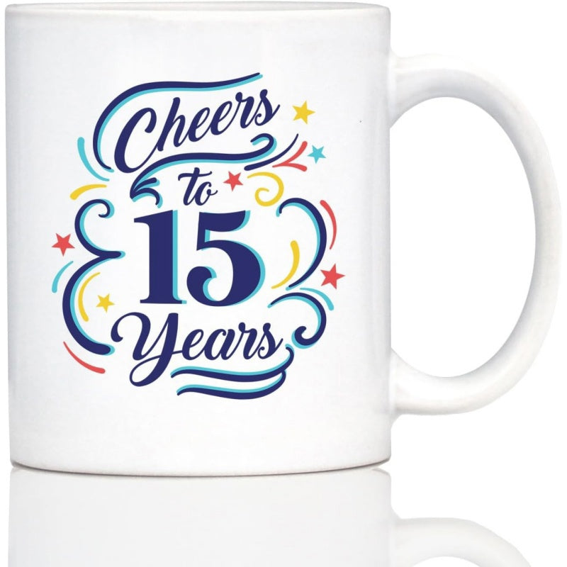Tailorly White Ceramic 11 oz Mug - Cheers To 15 Years Colorful Festive Stars With Swirling Dynamic Lines And Decorative Elements Mug