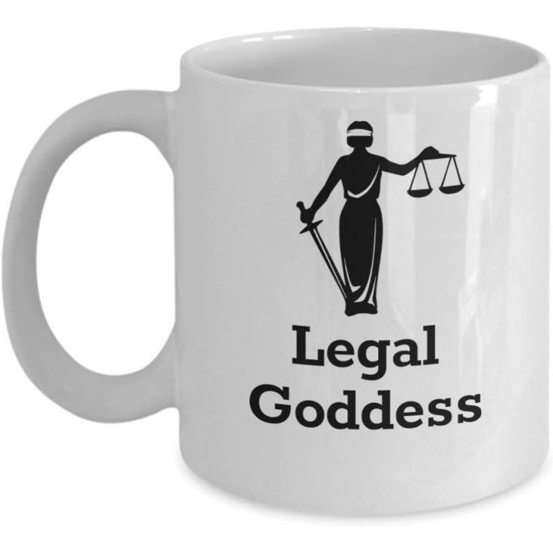Tailorly White Ceramic 11 oz Mug - Legal Goddess Silhouette Of Lady Justice Holding Scales And Sword With Blindfold Goddess