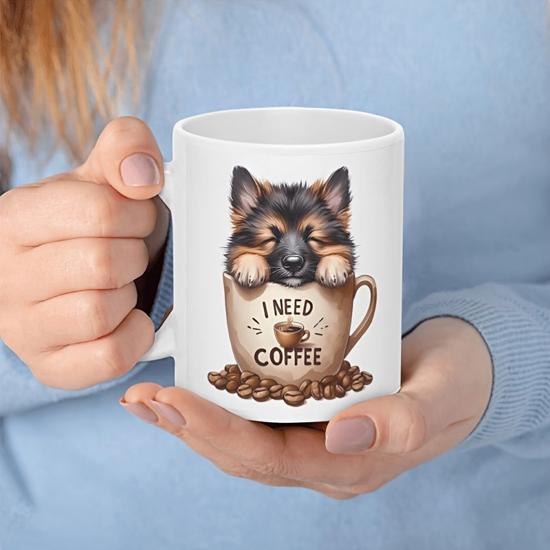 Tailorly White Ceramic 11 oz Mug - I Need Coffee Adorable Fluffy German Shepherd Puppy Resting Inside A Warm Small Coffee Cup Dog