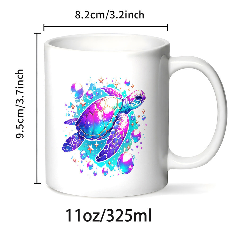 Tailorly White Ceramic 11 oz Mug - Vibrant Purple And Blue Hues Swimming Among Glowing Bubbles Sea Turtle