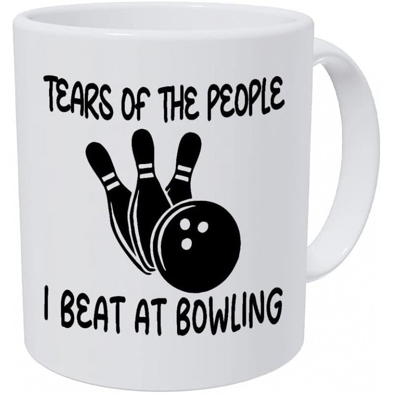 Tailorly White Ceramic 11 oz Mug - Tears Of The People I Beat At Bowling Three Classic Black Bowling Pins Standing Behind A Weighted Finger Hole Ball Bowling