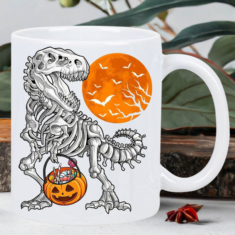 Tailorly White Ceramic 11 oz Mug - Ancient Halloween Skeleton Holding A Pumpkin Basket Under Orange Moon Dinosaur