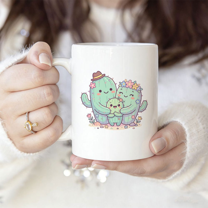 Tailorly White Ceramic 11 oz Mug - Adorable Three Piece Cartoon Family Hugging Among Tiny Pink Desert Flowers Cactus