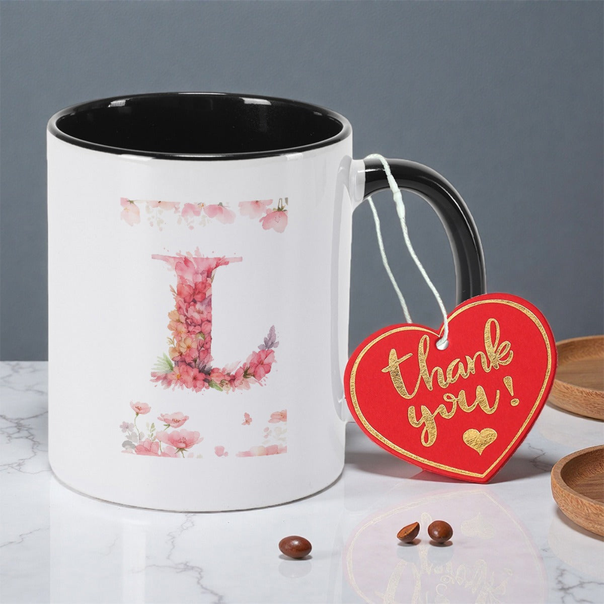 Tailorly Black Accent 11 oz Mug - pink floral letters