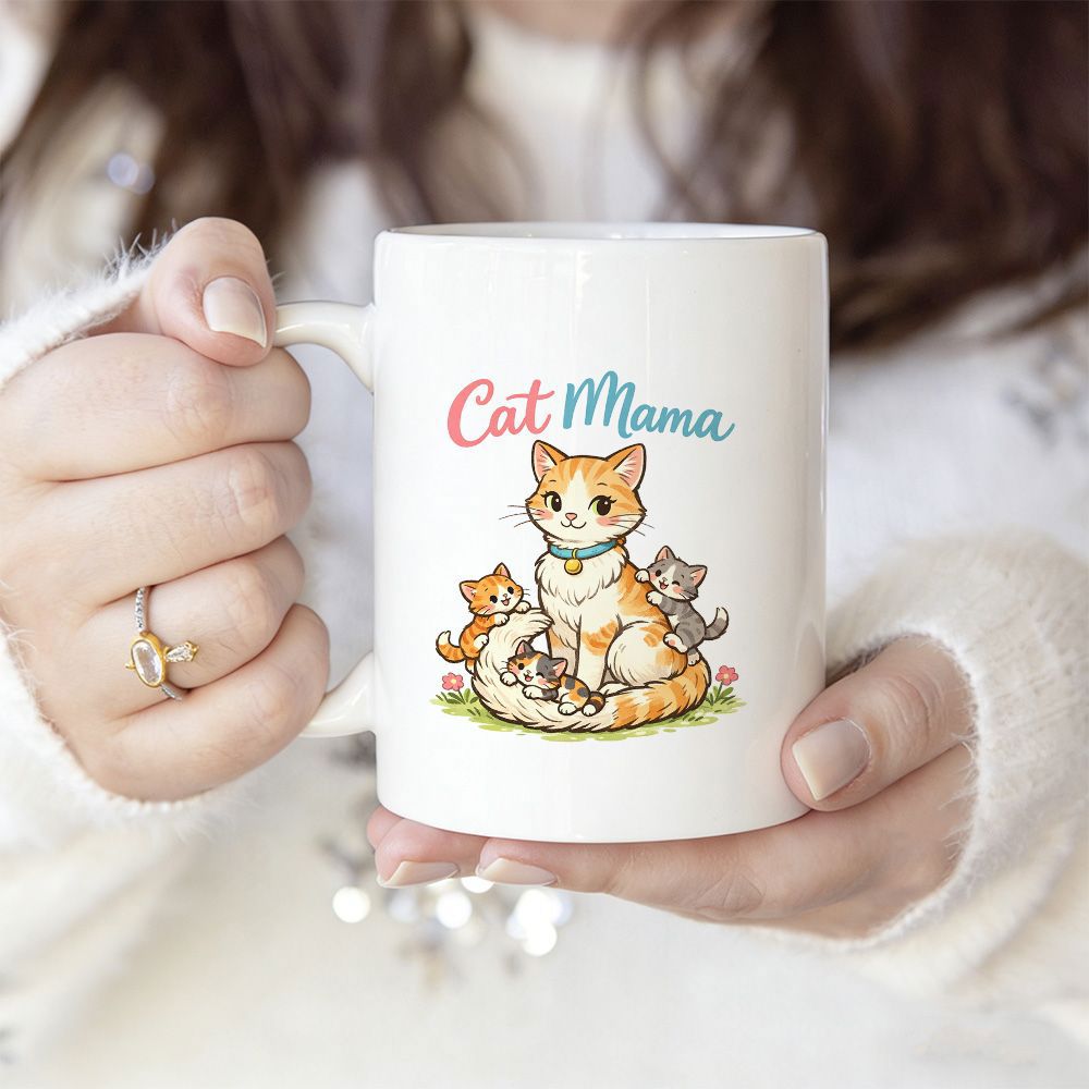 Tailorly White Ceramic 11 oz Mug - Cat Mama Adorable Orange Mother Cat With Kittens Resting On Green Grass Cat
