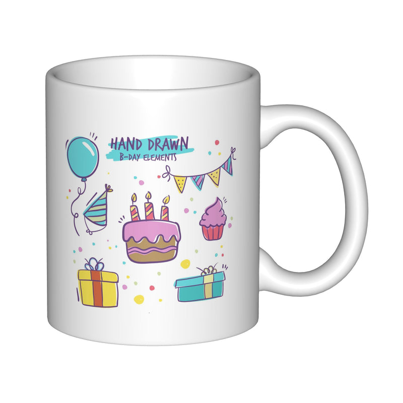 Tailorly White Ceramic 11 oz Mug - Hand Drawn Birthday Elements Colorful Hand Drawn Birthday Party Icons Featuring Festive Elements Mug