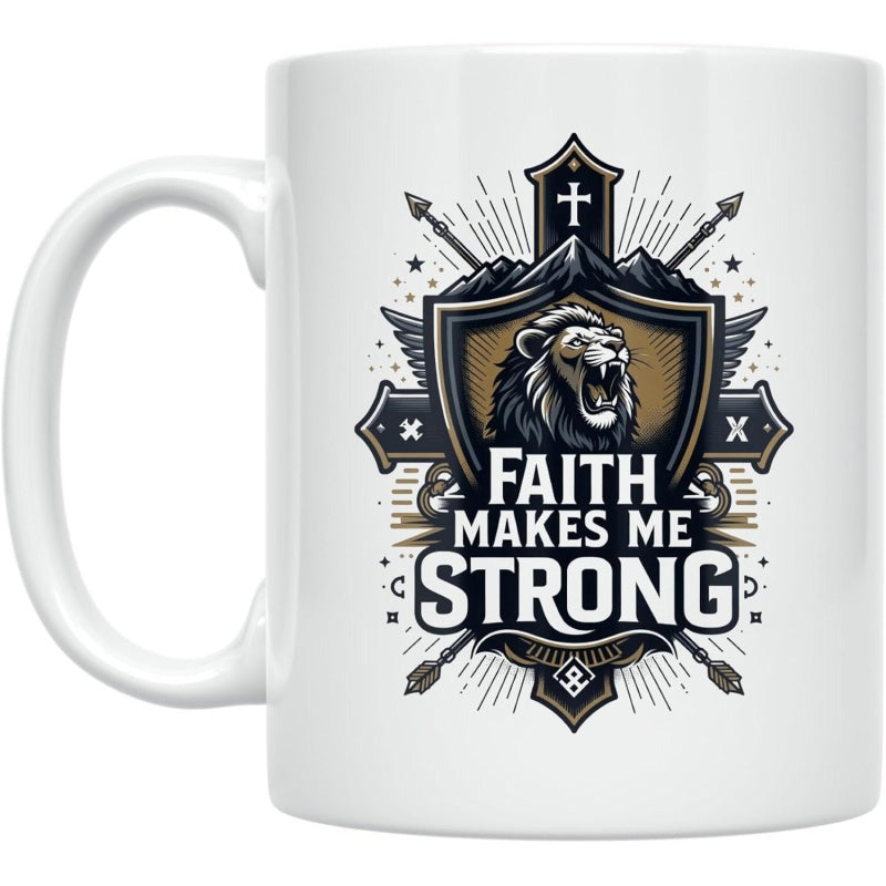 Tailorly White Ceramic 11 oz Mug - Faith Makes Me Strong Majestic Roaring Lion Inside Shield With Crossed Spears And Mountains Lion