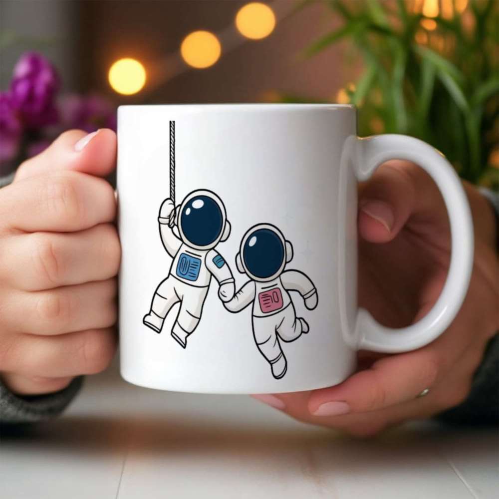 Tailorly White Ceramic 11 oz Mug - Two Cute Cartoon Astronauts Holding Hands While Floating In Quiet Space Astronaut