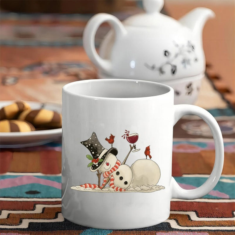 Tailorly White Ceramic 11 oz Mug - Whimsical Winter Scene Featuring A Relaxing Snowman Holding Wine Among Red Cardinals Snowman