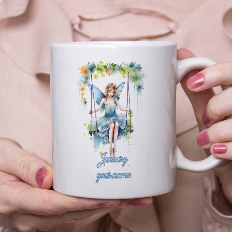 Tailorly White Ceramic 11 oz Mug - January Delicate Watercolor Wings Sitting On A Floral Swing Under Soft Leaves Fairy