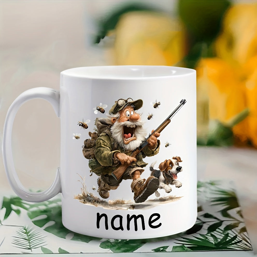 Tailorly White Ceramic 11 oz Mug - Name Funny Old Bearded Man Running With Rifle And Loyal Little Dog Hunter