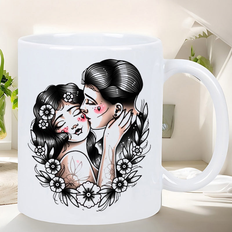 Tailorly White Ceramic 11 oz Mug - Vintage Inked Romantic Style Lovers Embracing Surrounded By Delicate Floral Wreath Couple