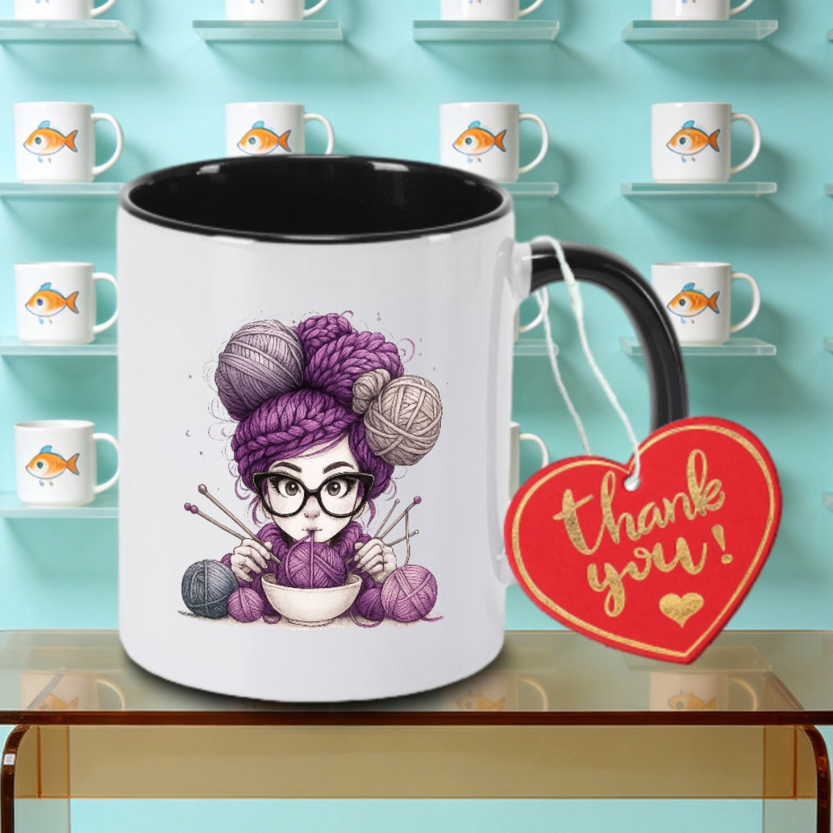 Tailorly Black Accent 11 oz Mug - Artistic Yarn Chopsticks Design