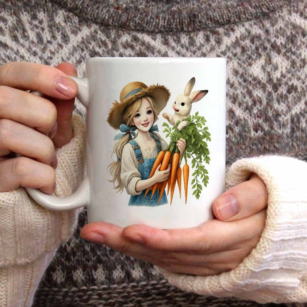 Tailorly White Ceramic 11 oz Mug - Charming Country Farmer Holding Harvested Carrots With A Sitting White Rabbit Girl