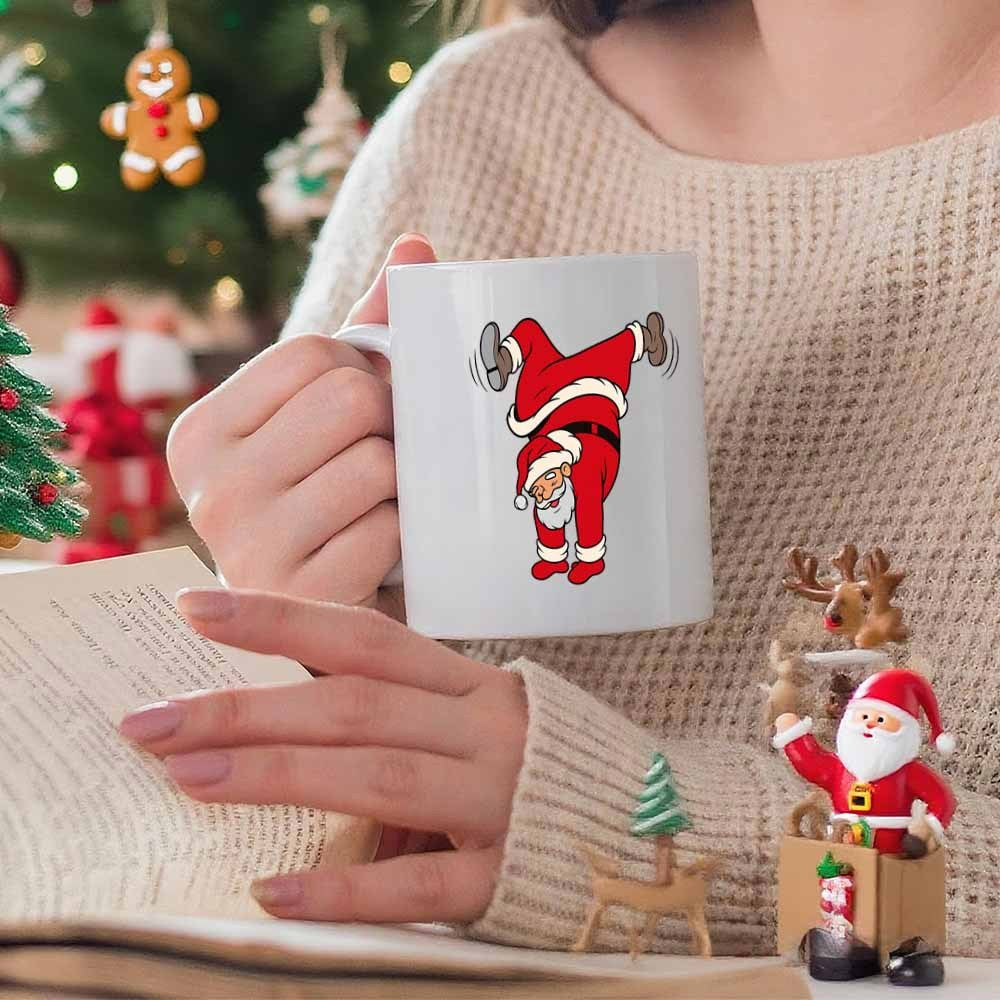 Tailorly White Ceramic 11 oz Mug - Playful Character Wearing Traditional Red Suit Doing Handstand In Festive Pose Santa