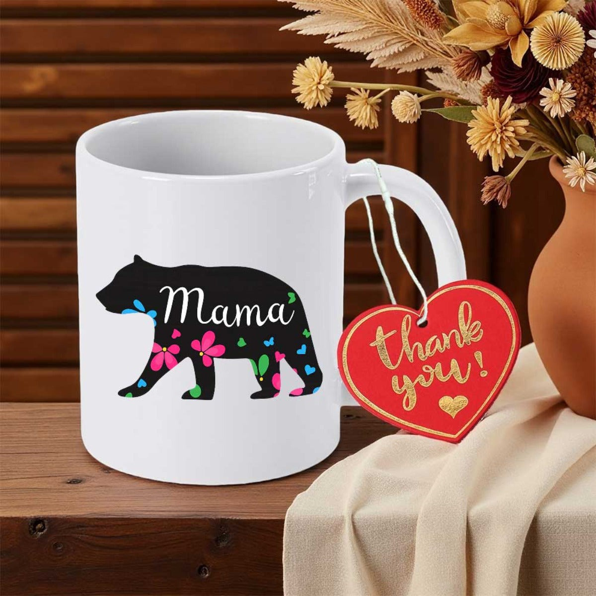 Tailorly White Ceramic 11 oz Mug - Mama Black Silhouette Walking Bear With Colorful Floral Patterns Cursive Lettering Bear