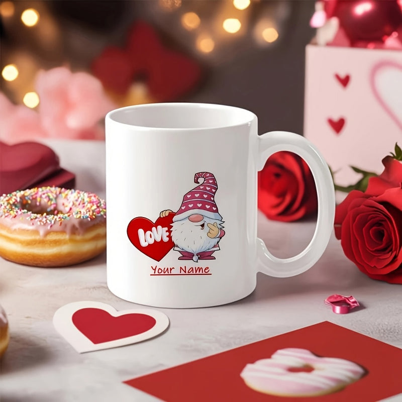 Tailorly White Ceramic 11 oz Mug - Love Whimsical Character Wearing Patterned Pointy Hat Holding Radiant Red Heart Gnome