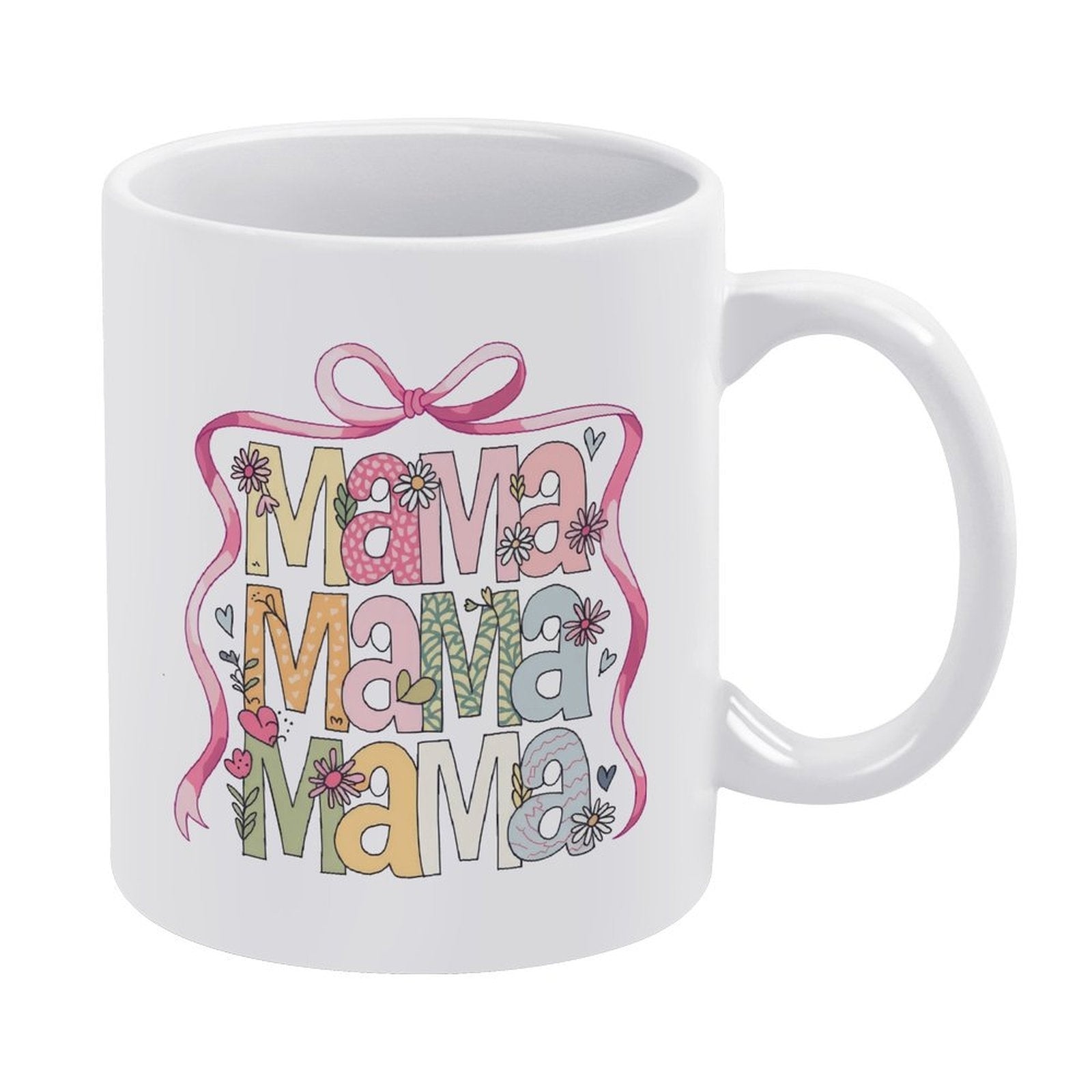 Tailorly White Ceramic 11 oz Mug - Mama Mama Mama Colorful Retro Patterned Letters Surrounded By Pink Ribbon And Flowers Mama