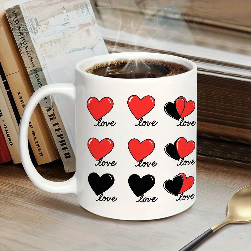 Tailorly White Ceramic 11 oz Mug - Love Simple Red And Black Patterns Arranged In Symmetric Rows Heart