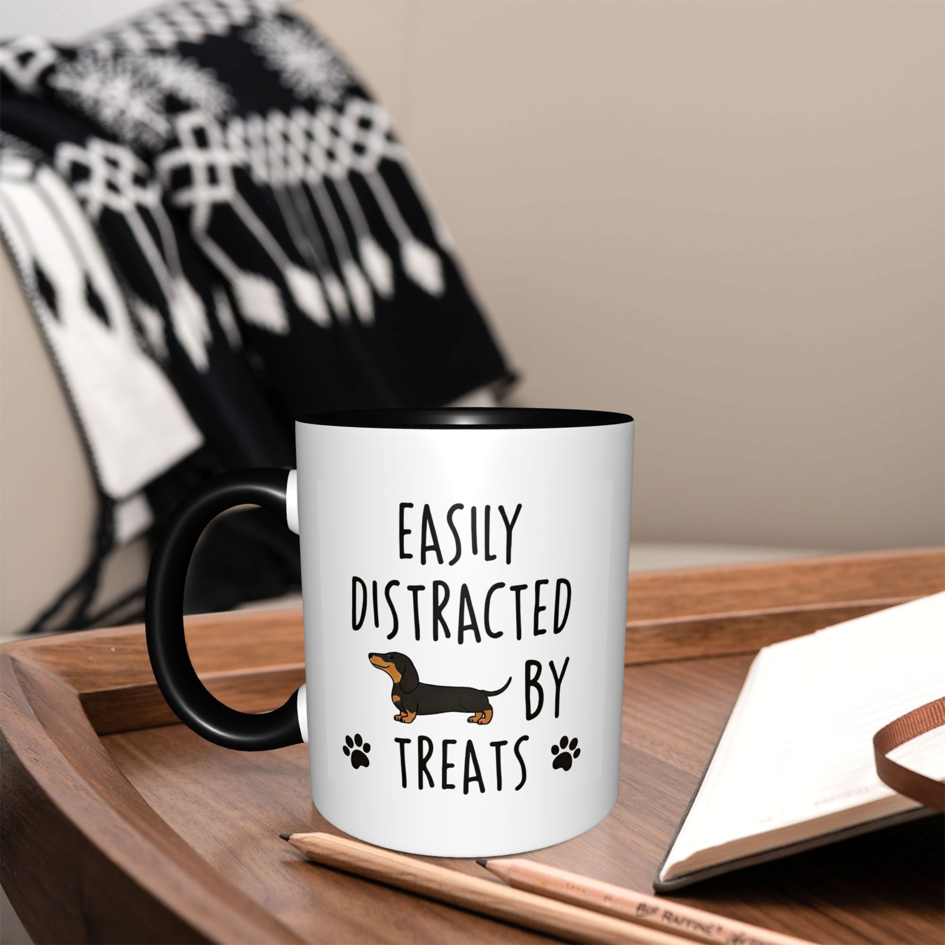 Tailorly Black Accent 11 oz Mug - Dachshund illustration or text "Dachshund Treats"