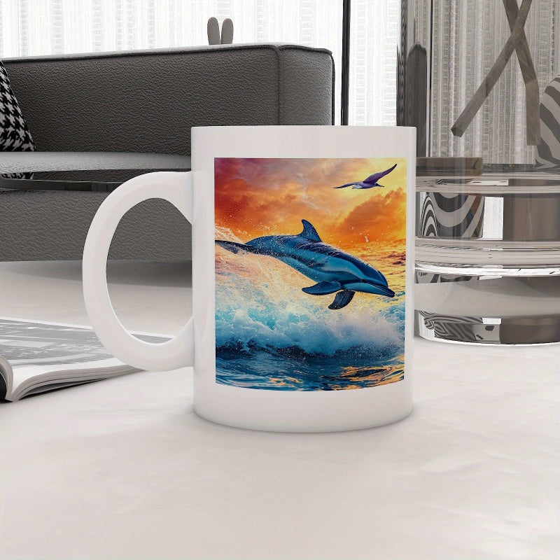 Tailorly White Ceramic 11 oz Mug - Majestic Blue Dolphin Leaping Through Crashing Ocean Waves During Golden Sunset Dolphin
